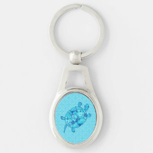Porte-clés Tortue tourbillon fractale - bleu cobalt et turquo
