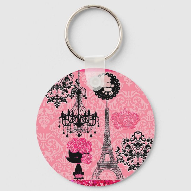 Porte-clés Tour Eiffel Française Fille, Chiot & Damas Élégant (Recto)