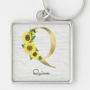 Porte-clés Tournesol Floral Initiale Q Or Monogrammé