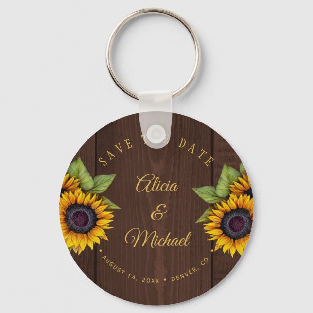 Porte-clés Tournesols rustiques chic grange bois mariage enre (Recto)