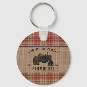Porte-clés Tracteur agricole famille Rouge Plaid Burlap Round