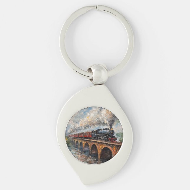 Porte-clés Train à vapeur sur un pont - Peinture à l'huile (Devant)