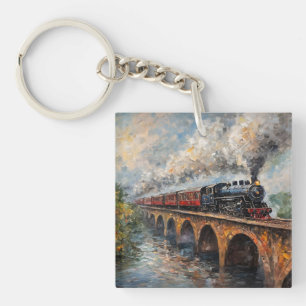 Porte-clés Train à vapeur sur un pont - Peinture à l'huile