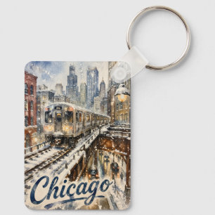 Porte-clés Train de la Chicago El dans la neige d'hiver