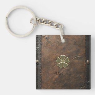 Porte-clés Trèfle doré Saint-Patrick, Cuir marron