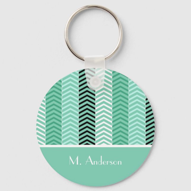 Porte-clés Trendy Mint Green Chevron Stripes Avec Nom (Recto)