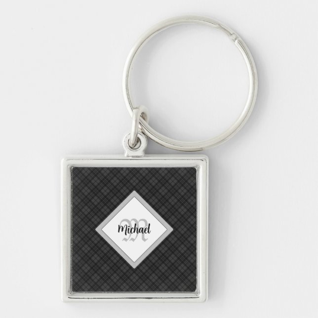 Porte-clés Trendy noir blanc tartan Personnaliser Monogramme (Devant)