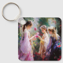 Trois filles jouant dans un jardin