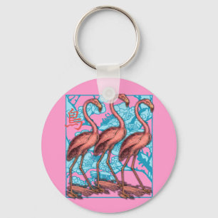 Porte-clés Trois Flamants roses avec des fleurs