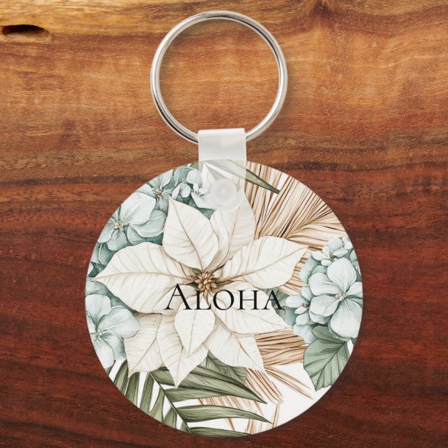 Porte-clés Tropical Blue White Flowers Wedding (Recto)