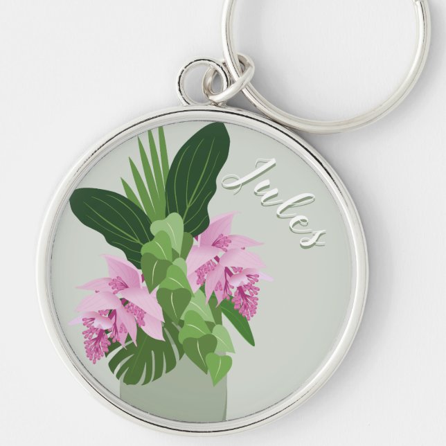 Porte-clés Tropical Medinilla Rose Flower Vase sur nom vert (Devant)