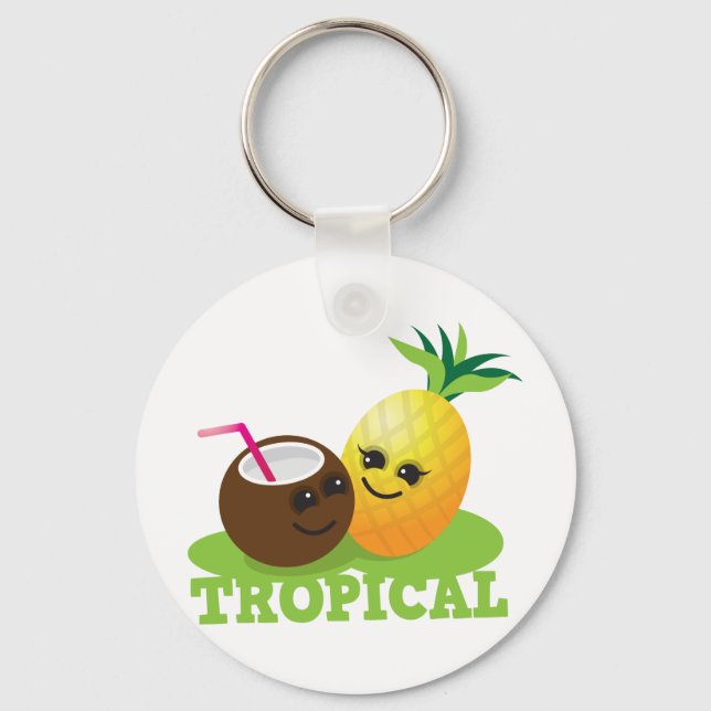 Porte-clés TROPICAL mignon Kawaii noix de coco et ananas (Recto)