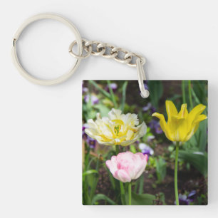 Porte-clés Tulipes blanches, roses et jaunes dans le jardin