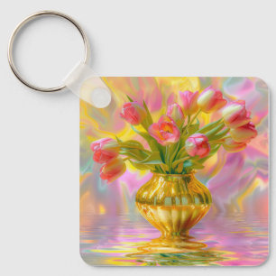 Porte-clés Tulipes roses vibrantes dans le Vase d'or