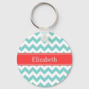 Porte-clés Turq / Aqua Wht Chevron Coral Nom rouge Monogramme