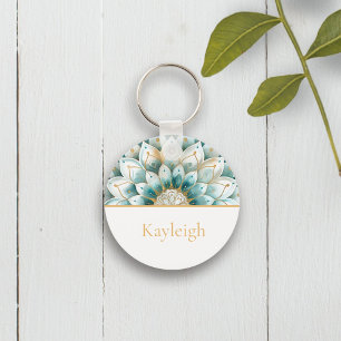 Porte-clés Turquoise bleu or Floral Mandala Personnalisé