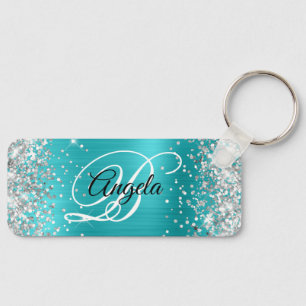 Porte-clés Turquoise Bleu Pailleté Argenté Monogramme Fantais
