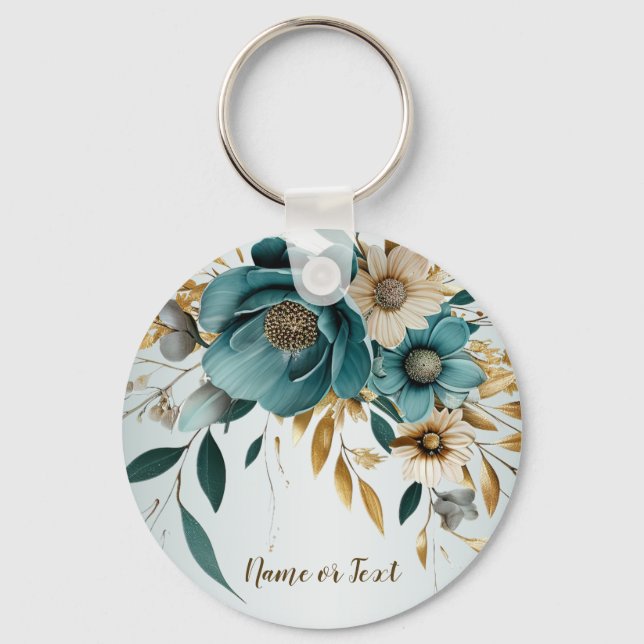 Porte-clés Turquoise Fleur Blanche Feuilles Dorées Élégant (Recto)