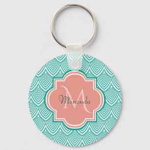 Porte-clés Turquoise Vert Art Déco Poissons Écailles Rose Mon