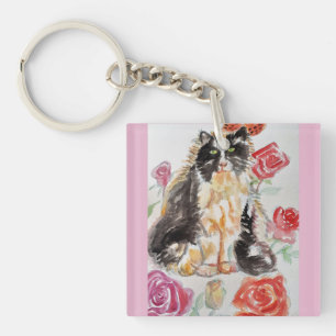 Porte-clés Tuxedo Chat Cute Rose Fleurs Chats Aquarelle Rose