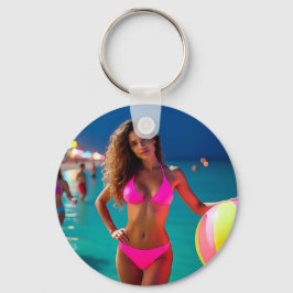 Porte-clés Twilight Beach Portrait — Femme dans Neon Pink Bik