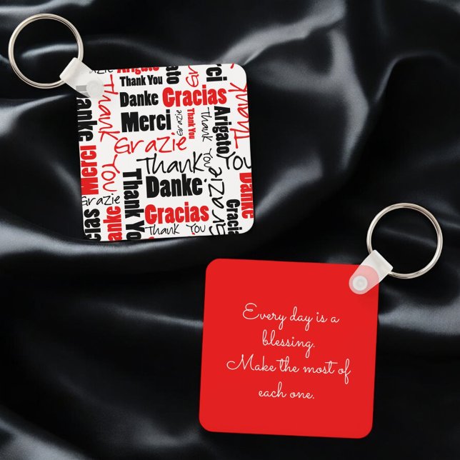 Porte-clés Typographie "Merci" multilingue noire rouge (key ring front and back with template text on back)