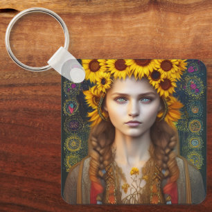 Porte-clés Ukrainienne fille d'amulettes et de tournesols