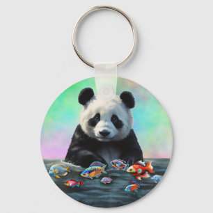 Porte-clés Un panda regarde curieusement des poissons colorés