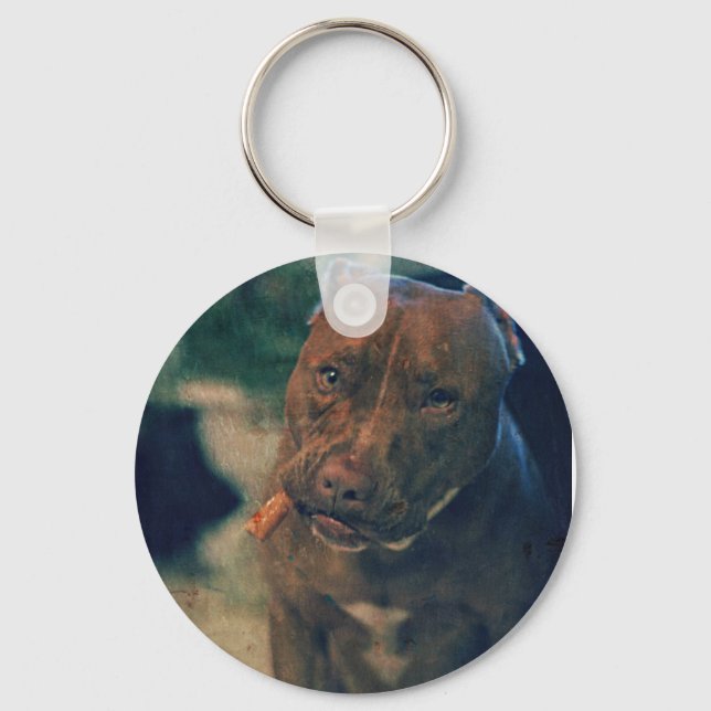 Porte-clés Un taureau à nez rouge mâcher un cigar (Recto)