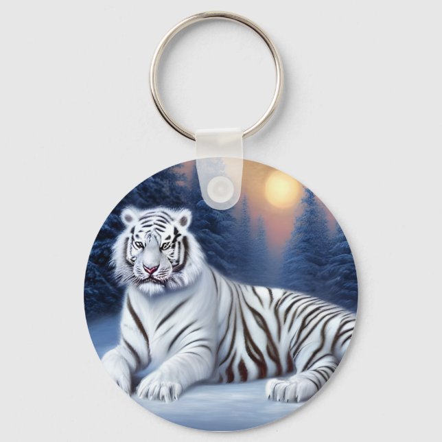 Porte-clés Un tigre blanc assis dans la neige (Recto)