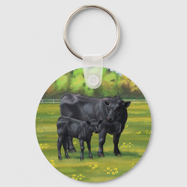 Porte-clés Vache d'Angus noir et veau mou en pâturage d'été (Recto)