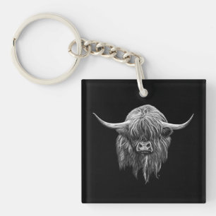 Porte-clés Vache des montagnes écossaise en noir et blanc
