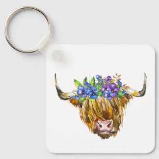 Porte-clés Vache écossaise avec fleurs Aquarelle