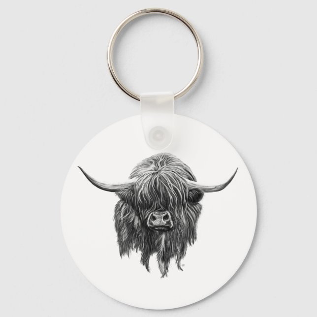 Porte-clés Vache Écossaise Highland En Noir Et Blanc (Recto)