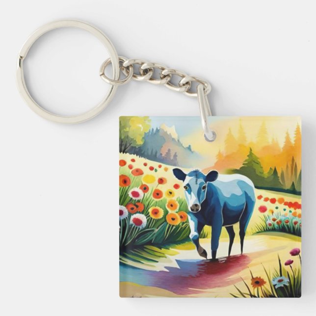 Porte-clés Vache mignonne dans le champ floral (Devant)