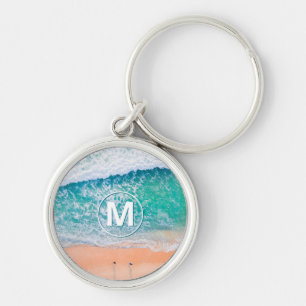 Porte-clés Vagues de plage, Monogramme blanc en cercle