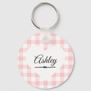 Porte-clés Valentine Coeur rose En vichy Nom Monogramme