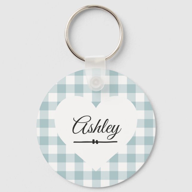 Porte-clés Valentine Heart Blue En vichy Nom Monogramme (Recto)