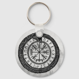 Porte-clés Vegvisir with Ouroboros and runes - grayscale