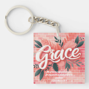 Porte-clés Verset de la Bible Grâce Brique Rose Floral