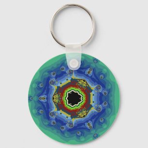 Porte-clés Vert bleu de mandala de fractale de paon
