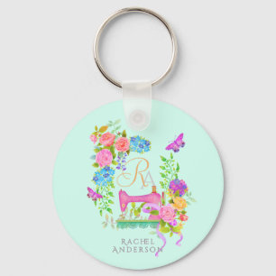 Porte-clés vert monogramme floral ruban de couture