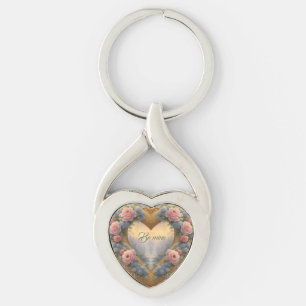 Porte-clés Victorien, coeur doré avec des fleurs et dire