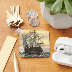 Porte-clés Vieux navire pirate, galion naviguant sur l'océan
