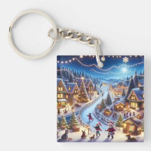 Porte-clés Village de Noël hivernal festif de nuit