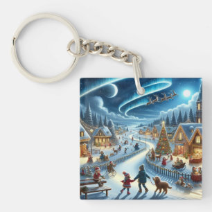 Porte-clés Village de Noël Peinture sur scène neigeuse