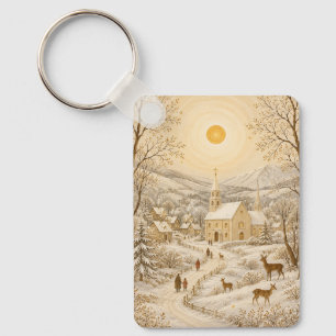 Porte-clés Village d'hiver doré Église Paysage