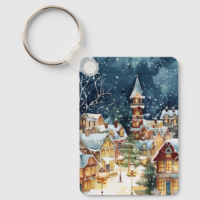 Porte-clés Ville de Noël illustrative dans la neige (Recto)
