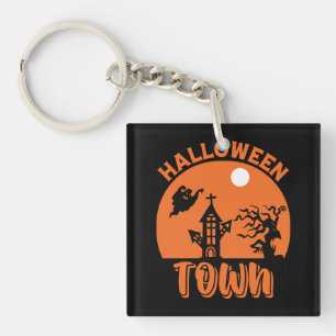 Porte-clés Ville d'Halloween - Maison hantée et Citrouille
