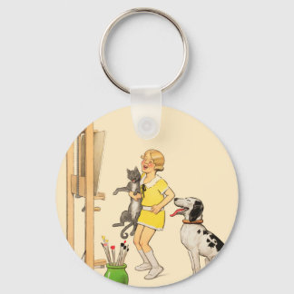 Porte-clés Vintage Fille Amusante, Chat de Chien Imprimer Geo
